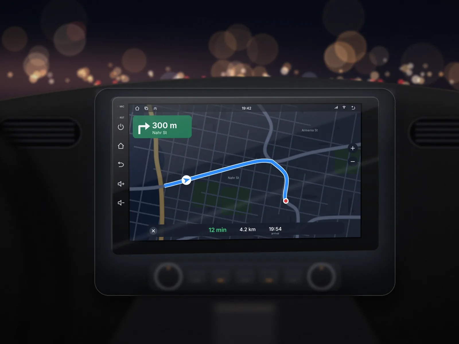 Bass Power Apex fitted in a dashboard at night, showing navigation