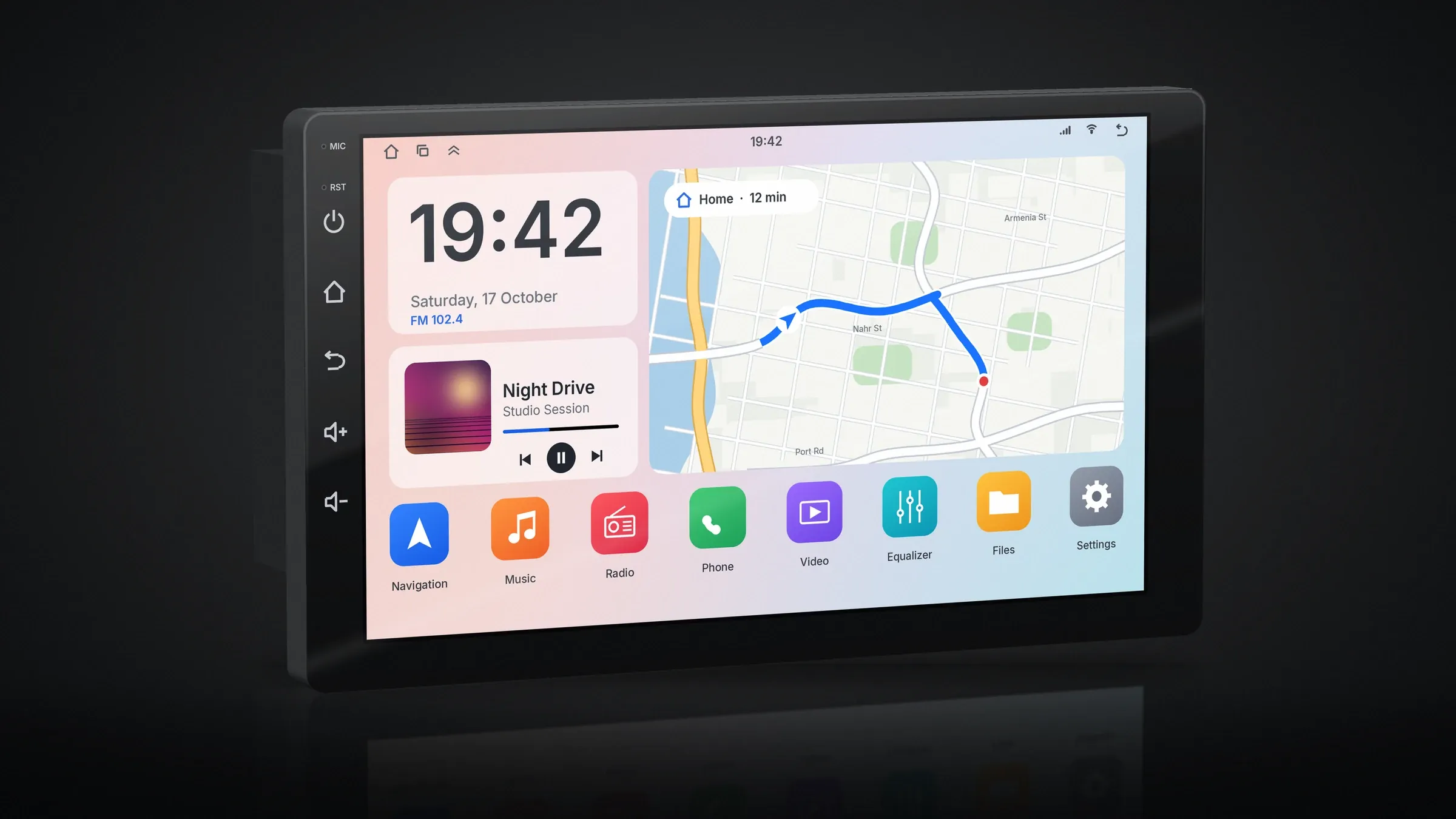 Bass Power Apex Android car radio showing the home screen with map, music and apps